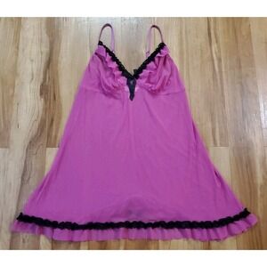 Cacique Intimates Pink Fuschia Semi Sheer Lace Babydoll Lingerie Size 14/16